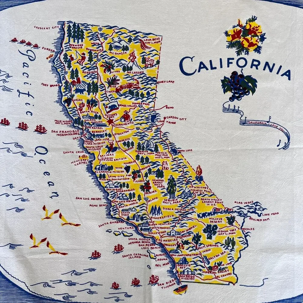 California Vintage Retro Map Cotton Kitchen Towel 22